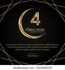 4 years anniversary with a half moon design, double lines of gold color numbers, and text anniversary celebrations on a luxurious black and gold background svg