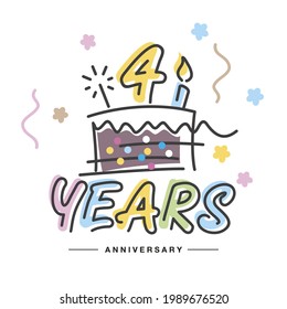 4 Years Anniversary handwritten typography lettering Greeting card with colorful big cake, sparkle firework, number, candle and confetti