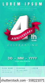 4 years anniversary invitation card or emblem - celebration template design , 4th anniversary modern design elements with  background polygon and pink ribbon - vector illustration.