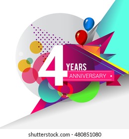 4 Years Anniversary logo with balloon and colorful geometric background, vector design template elements for your birthday celebration.