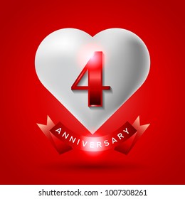 4 Years Anniversary Logo Celebration With Love and Ribbon. Valentine's Day Anniversary.