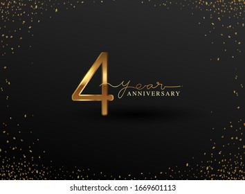 4 Years Anniversary Logo with Confetti Golden Colored isolated on black background, vector design for greeting card and invitation card