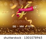 4 years anniversary logo template on gold background. 4th celebrating golden numbers with red ribbon vector and confetti isolated design elements