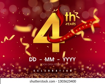4 years anniversary logo template on gold background. 4th celebrating golden numbers with red ribbon vector and confetti isolated design elements svg