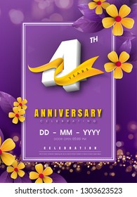 4 years anniversary logo template on golden flower and purple background. 4th celebrating white numbers with gold ribbon vector and bokeh design elements, anniversary invitation template card design