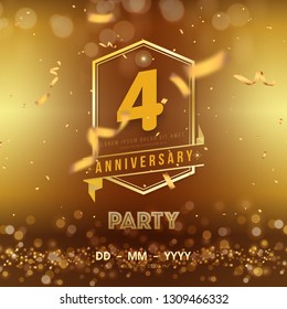 4 years anniversary logo template on gold background. 4th celebrating golden numbers with red ribbon vector and confetti isolated design elements