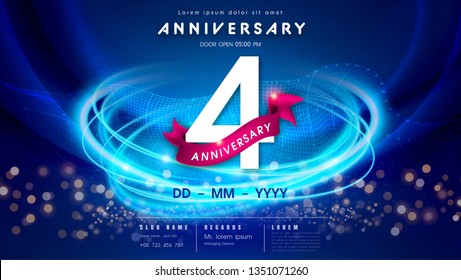 4 years anniversary logo template on dark blue Abstract futuristic space background. 4th modern technology design celebrating numbers with Hi-tech network digital technology concept design elements.