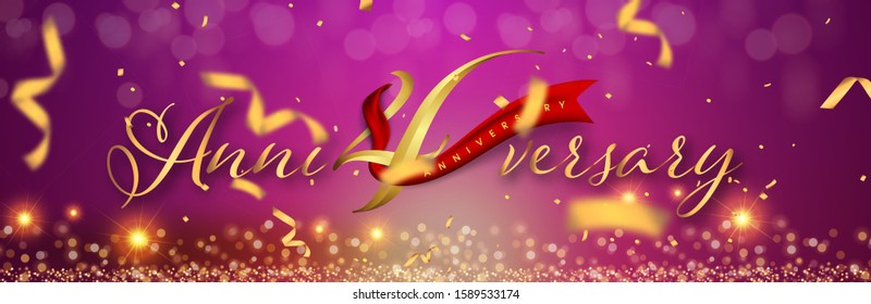4 years anniversary logo template on gold and purple background. 4th celebrating golden numbers with red ribbon vector and confetti isolated design elements
