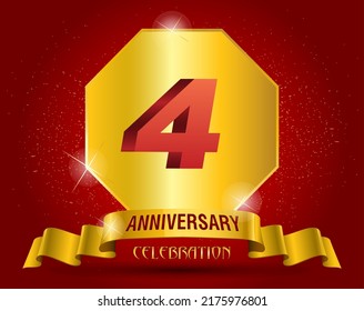4  years anniversary logo template. Red numbers with golden ribbon.
