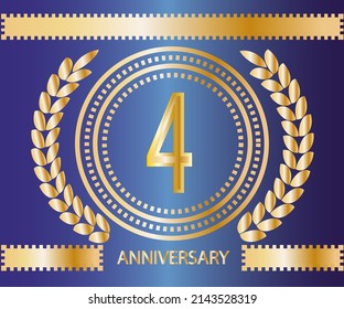 4 years anniversary logo. Vector and illustration in gold and blue background