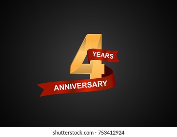 4 years anniversary logotype with elegance gold color and warp red ribbon