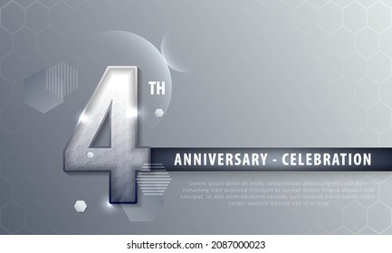 4 years anniversary luxury logo template hexagonal shape. Poster template for Celebrating 4th event. Design for banner, magazine, brochure, web, invitation or greeting card. Vector illustration svg