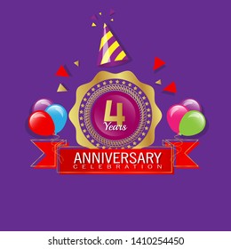 4 years anniversary - modern design celebrating. 4 years anniversary celebration simple logo. ribbon,balloon, gold emblem