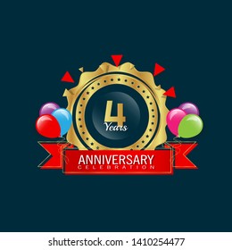 4 years anniversary - modern design celebrating. 4 years anniversary celebration simple logo. ribbon,balloon, gold emblem