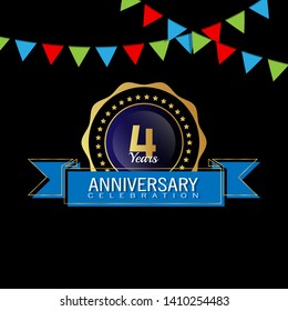 4 years anniversary - modern design celebrating. 4 years anniversary celebration simple logo. ribbon,balloon, gold emblem