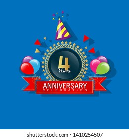 4 years anniversary - modern design celebrating. 4 years anniversary celebration simple logo. ribbon,balloon, gold emblem