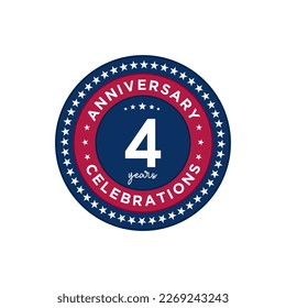 4 years anniversary. Anniversary template design, red and blue color with stars, design for event, invitation card, greeting card, banner, poster, flyer, book cover and print. Vector Eps10