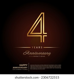 4 años de aniversario, diseño de plantilla de aniversario con número de línea doble y texto dorado para celebración de cumpleaños, invitación, afiche de banner, volante y tarjeta de saludo, plantilla de vector