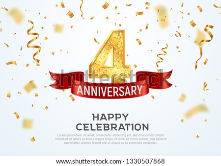 4 years anniversary vector banner template. Four year jubilee with red ribbon and confetti on white background