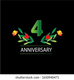 4 Years anniversary. Vector design greeting card with decorative floral for celebration