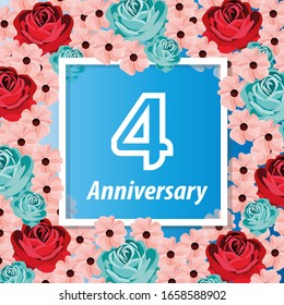 4 Years anniversary. Vector design greeting card with decorative floral for celebration