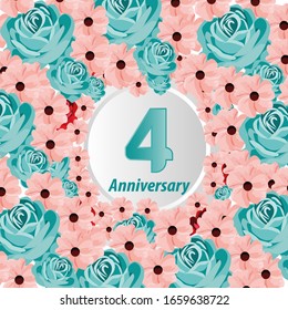 4 Years anniversary. Vector design greeting card with decorative floral for celebration