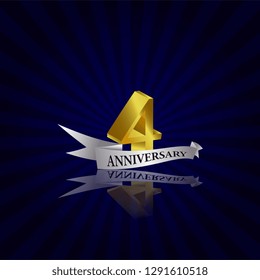 4 years anniversary Vector Template Design with golden color and silver ribbon isolated on blue sunburst background illustration for celebration event - Vector