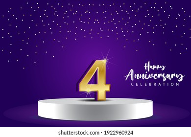 Ilustración de diseño de plantillas vectoriales de 4 años de aniversario. Números 3d azules con escenario de podio para celebración