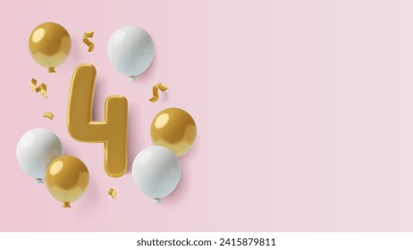 4 years birthday or anniversary 3D realistic background with big gold number four, balloons and confetti on pink background with copy space. Three dimensional vector illustration.