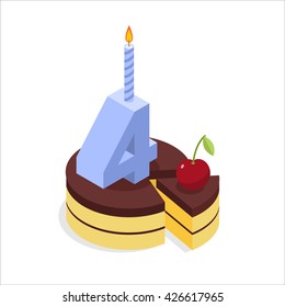 4 years birthday cake isometrics. Number four with a candle. Celebration of anniversary cake. Piece of festive chocolate cake and cherry. Fun party
