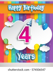 4 Years Birthday Celebration, with balloons and clouds, Colorful Vector design for invitation card and birthday party.