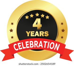 4 Years Celebration seal, 4 Years Golden Logo, 4 Years Anniversary, Four Years Celebration with Red Ribbon, Celebration in Golden Red ribbon