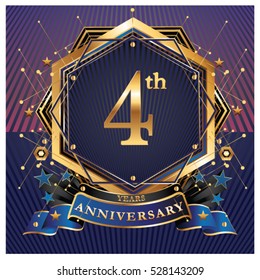 4 years golden anniversary logo celebration with ring and ribbon.