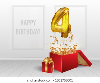 4 years of Golden balloons. The celebration of the anniversary. Balloons with sparkling confetti fly out of box number 4 in the Athos room. Birthday or wedding decorations. Vector illustration