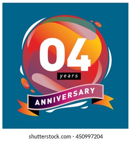 4 years greeting card anniversary with colorful number and frame. logo and icon with circle badge and background