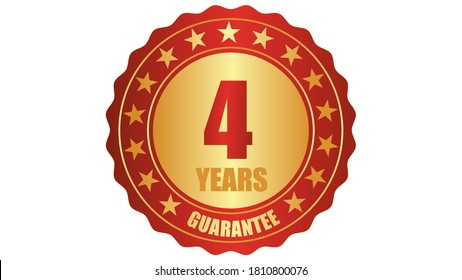Icono de sello de garantía de 4 años o etiqueta de garantía, insignia, etiqueta, ilustración de sello de concepto original certificado, logotipo aislado en fondo blanco y texto rojo dorado
