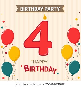 4 years old. Birthday party. Number candle and balloons.  