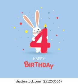 4 years old. A bunny holds a candle number 4 on a blue background Happy birthday. A greeting card for a child.