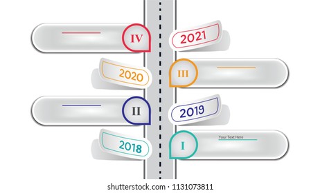 4 Years Roadmap Infographic Template. From 2018 to 2021. Flat style Infographic design. Used for Working Presentation. Can edit your own text in the space provided in infographic. Vector EPS10