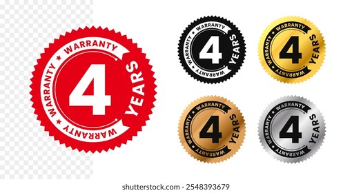 4 years warranty in circle. Four years warranty with circular text. Red, black, gold, silver, bronze premium color. Sticker, label, badge, icon, sign, emblem, stamp, logo, tag, seal, symbol. Vector