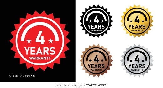 4 years warranty in circle. Four years warranty with circular text. Red, black, gold, silver, bronze premium color. Sticker, label, badge, icon, sign, emblem, stamp, logo, tag, seal, symbol. Vector