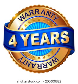 4 years warranty golden label with ribbon.  Vector illustration.