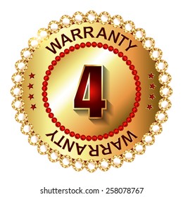 4 years warranty golden label with ribbon.  Vector illustration.