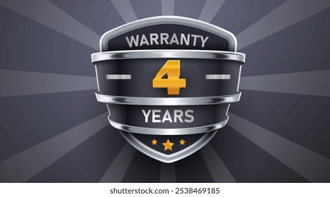 4 Years Warranty. Warranty Sign. Metal shield emblem. Vector Illustration.