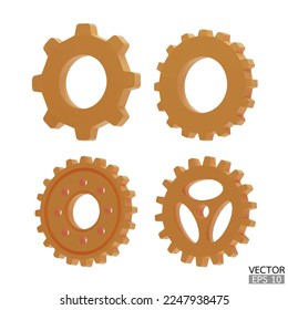 4 yellow Gear icon set. Golden Transmission cogwheels and gears are isolated on white background. Yellow Machine gear, setting symbol, Repair, and optimize workflow concept. 3d vector illustration.