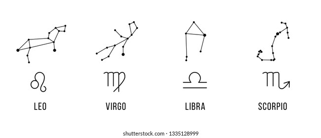 4 Zodiac signs with constellations. Leo, virgo, libra, scorpio. Star symbols for astrology horoscope, calendar. Set of simple icons for web sites, ui and print, graphic design elements. Vector.