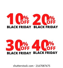40, 30, 20 y 10% de descuento, Viernes Negro, establecer descuento de diseño de venta, vector de ilustración 