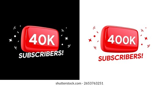 Banner 40 Assinantes 400K. Quatrocentos mil seguidores. conquista do blog. Marco do vídeo vlog. Crachá de status do criador de conteúdo. Design de ilustração vetorial.