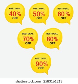 40%, 50% ,60%, 70%, 80%, 90% discount sale on transparent background 