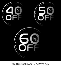 40%, 50%, 60% OFF Etiqueta de descuento Gradiente de velocímetro blanco sobre fondo negro